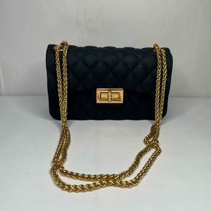 Quilted Los Angeles Black Jelly Mini Gold Chain Handle Evening Crossbody Bag